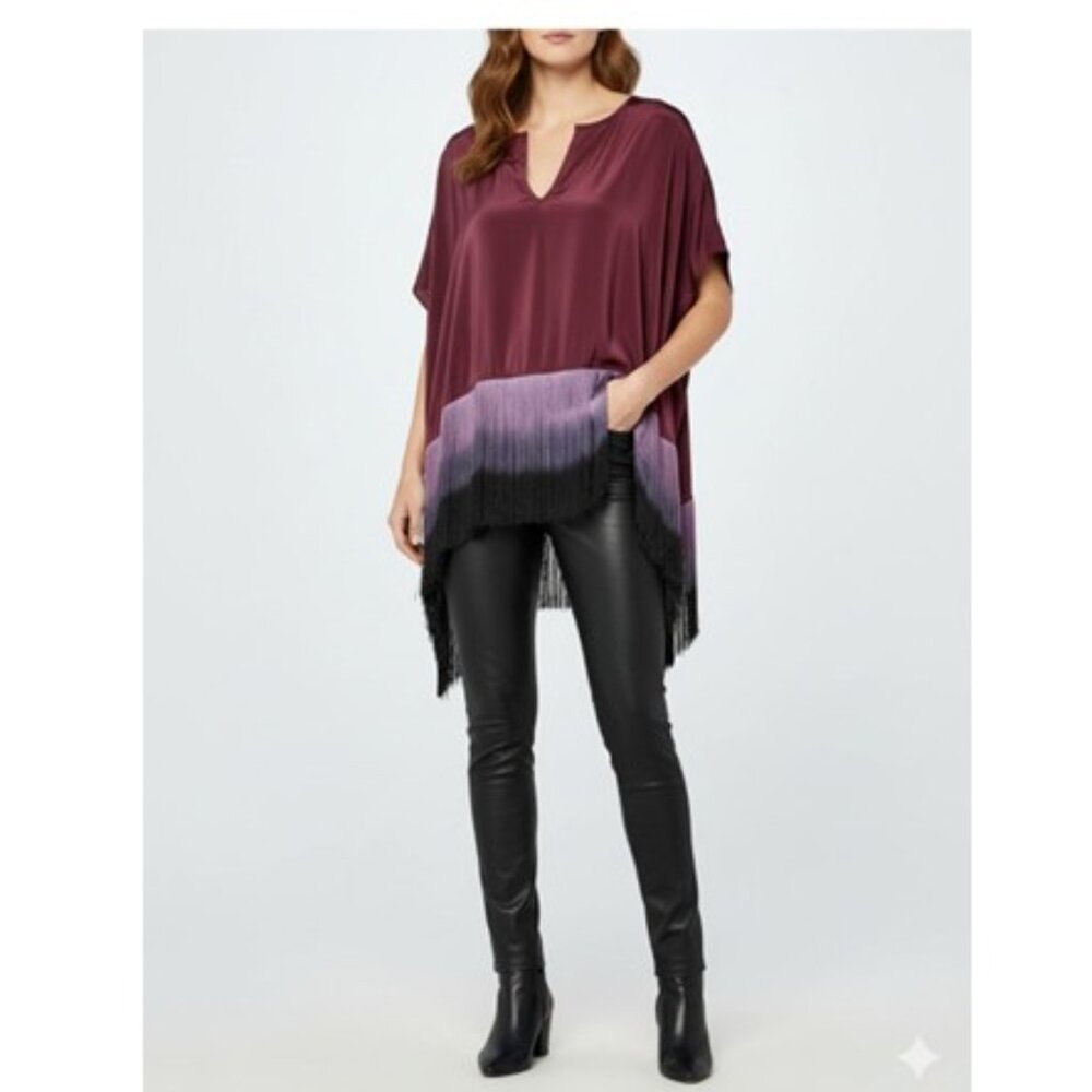 Karina Grimaldi Silk Ombre Handkerchief Fringe Flowy Tunic Top Sz S Boho-Luxe